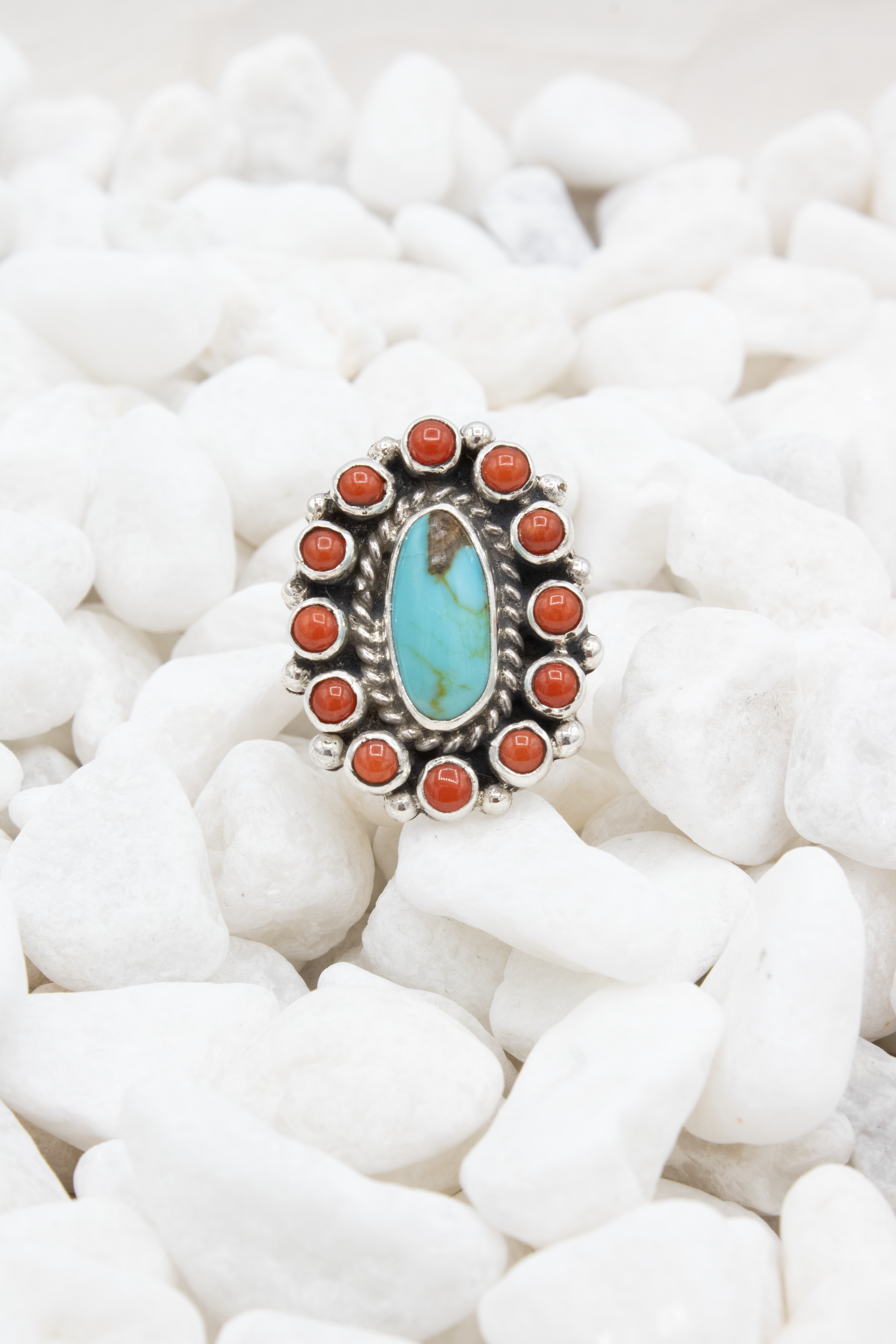 Red Coral and Turquoise Cluster Ring - Adjustable
