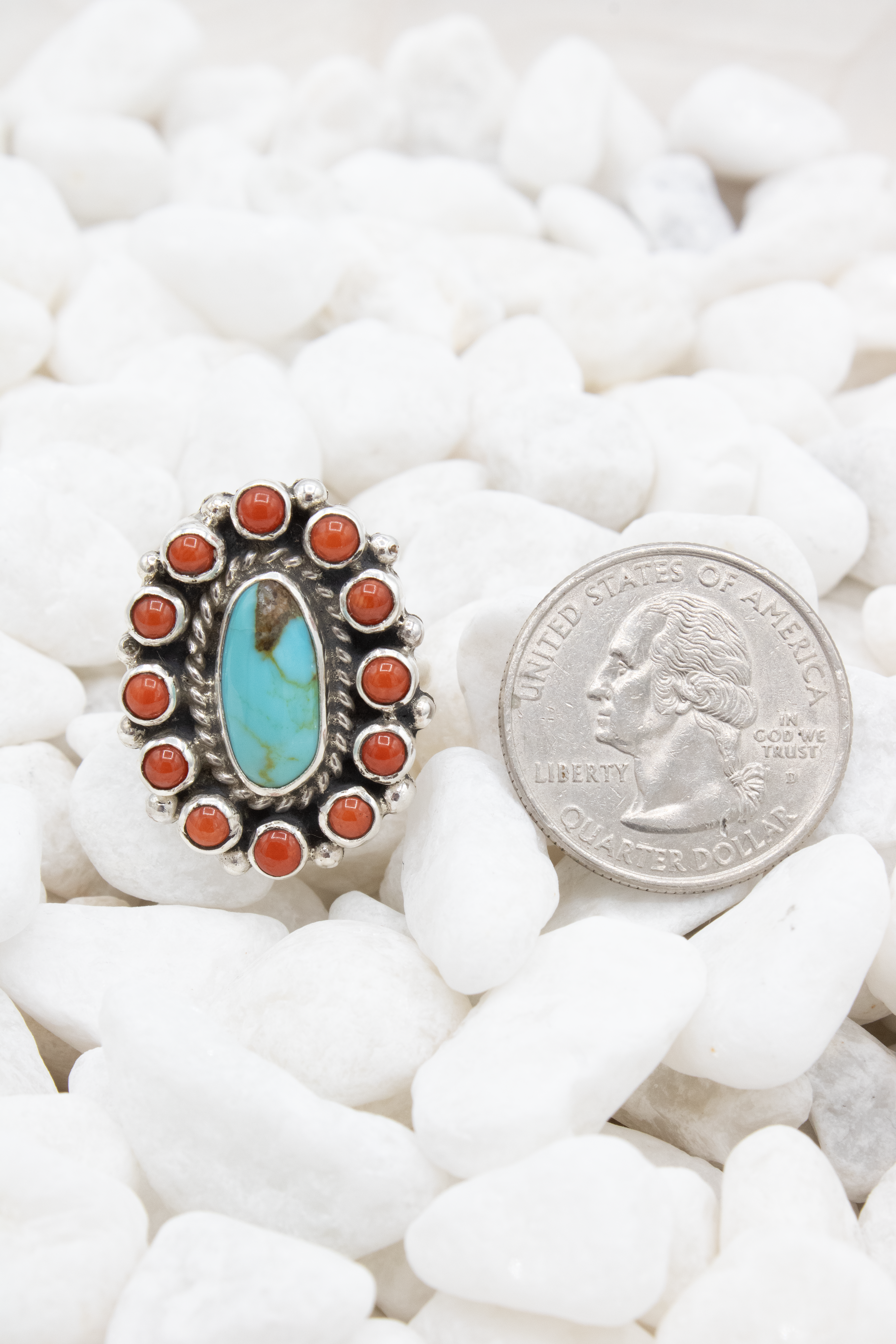 Red Coral and Turquoise Cluster Ring - Adjustable