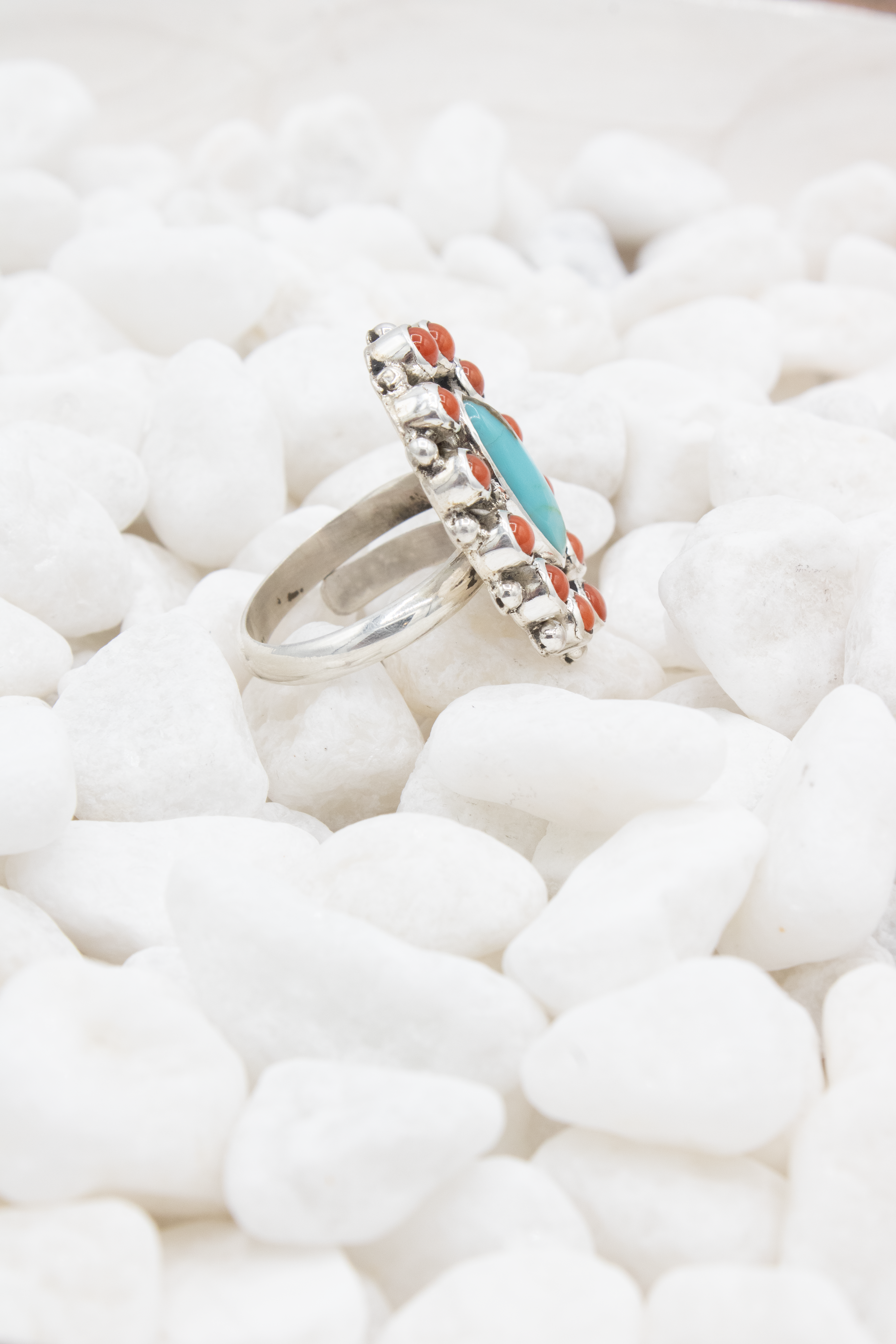 Red Coral and Turquoise Cluster Ring - Adjustable